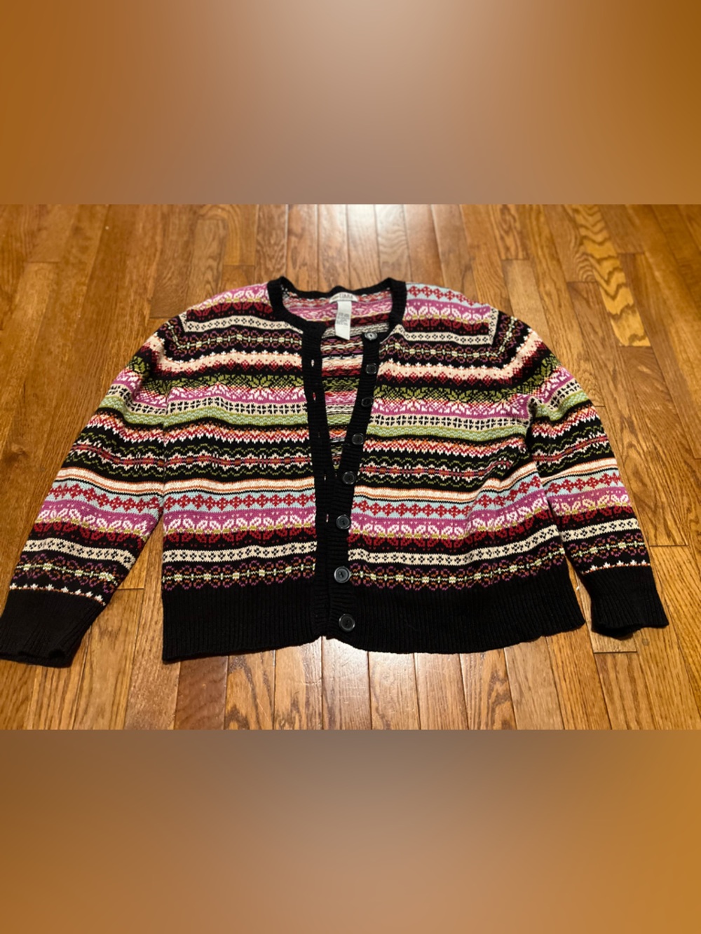 Black-Trim Multi-Color Fair Isle Cardigan Sweater